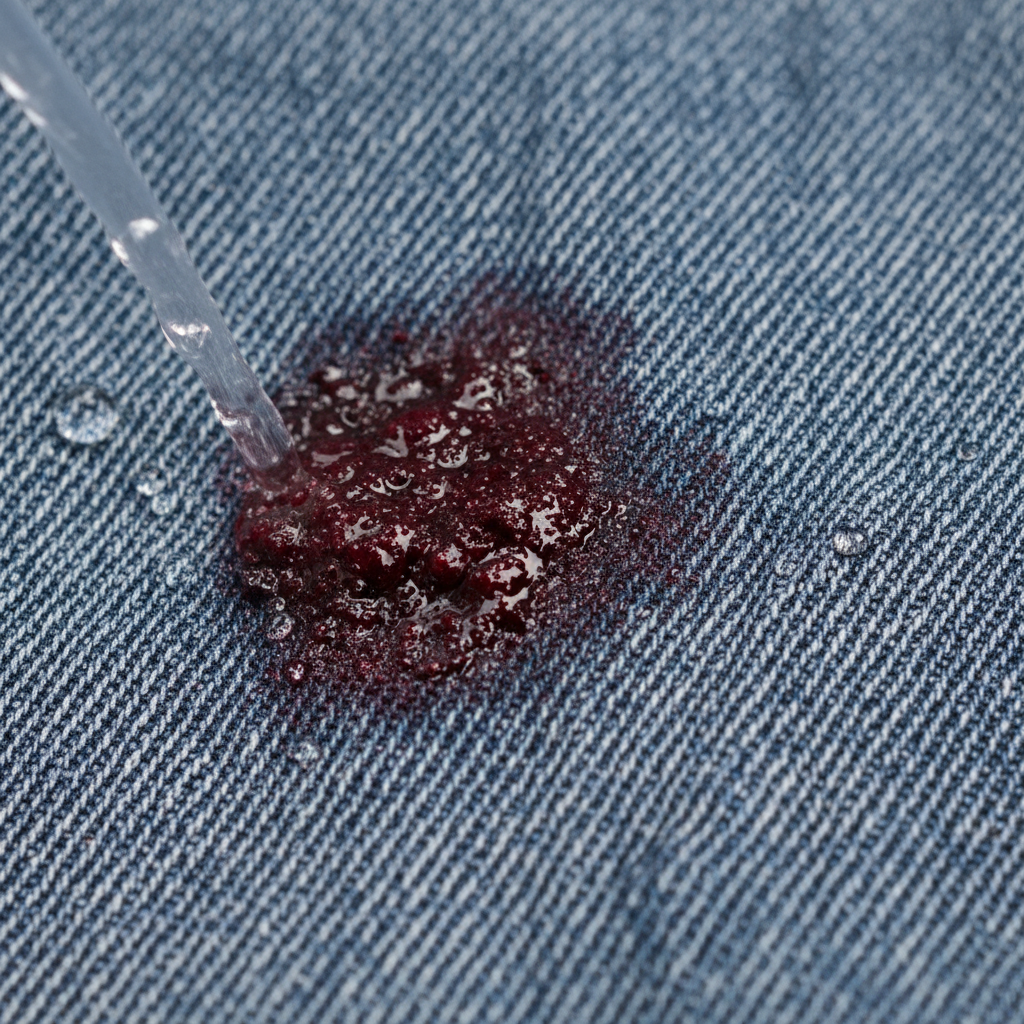 A macro-level professional photo capturing a stubborn, dark red, dried blood stain deeply embedded in the blue fibers of a textured denim jean. The focus is sharp on the intricate weave of the fabric and the challenging nature of the old stain. In the upper corner, a gentle, cool stream of water or fine mist, emanating from an unseen source, begins to make contact with the edge of the stain, symbolizing the crucial first step of using cold water. The lighting is bright and even, highlighting the contrast between the denim, the stain, and the clear water droplets.