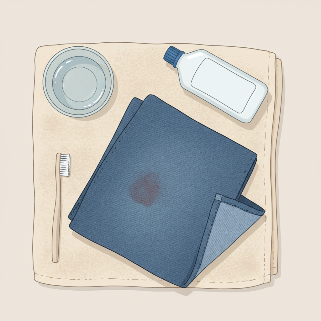 A clean, professional flat lay illustration from a high angle, showcasing the essential preparation steps for stain removal. A segment of a blue denim jean with a subtle, aged blood stain is centrally placed on a protective light-colored towel. Arranged neatly around it are generic items: a small clear bowl filled with cold water, a soft-bristled brush or old toothbrush, and an unlabeled bottle of liquid cleaner. A corner of the denim is slightly folded back, hinting at the 'test area' concept. The style is bright, organized, and emphasizes readiness for a cleaning task.