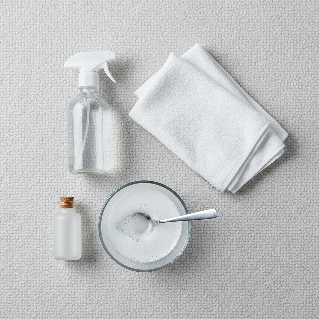 A clean, professional flat lay illustration or photo showing an array of essential cleaning tools arranged neatly on a light-colored surface, possibly with a subtle carpet texture in the background. The items include a clear spray bottle filled with a colorless liquid, a stack of pristine white absorbent cloths, a small bowl containing a mild, bubbly soapy water solution, a silver spoon, and a small, unlabeled bottle implying a cleaning agent. The focus is on readiness and organization for effective stain removal.