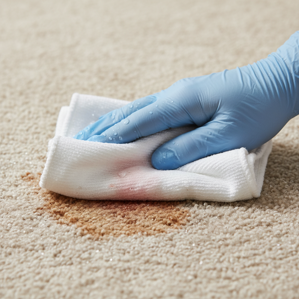 A close-up, dynamic professional photo or semi-realistic digital painting capturing a key moment of stain removal. A hand, possibly wearing a simple glove, is gently pressing a clean, white cloth onto a visible, dried reddish-brown blood stain on a textured carpet. Water droplets are subtly visible on the cloth and around the stain, emphasizing the use of cold water to loosen the dried blood. The background is softly blurred, focusing entirely on the careful cleaning action and the contrast between the stain and the pristine cloth.
