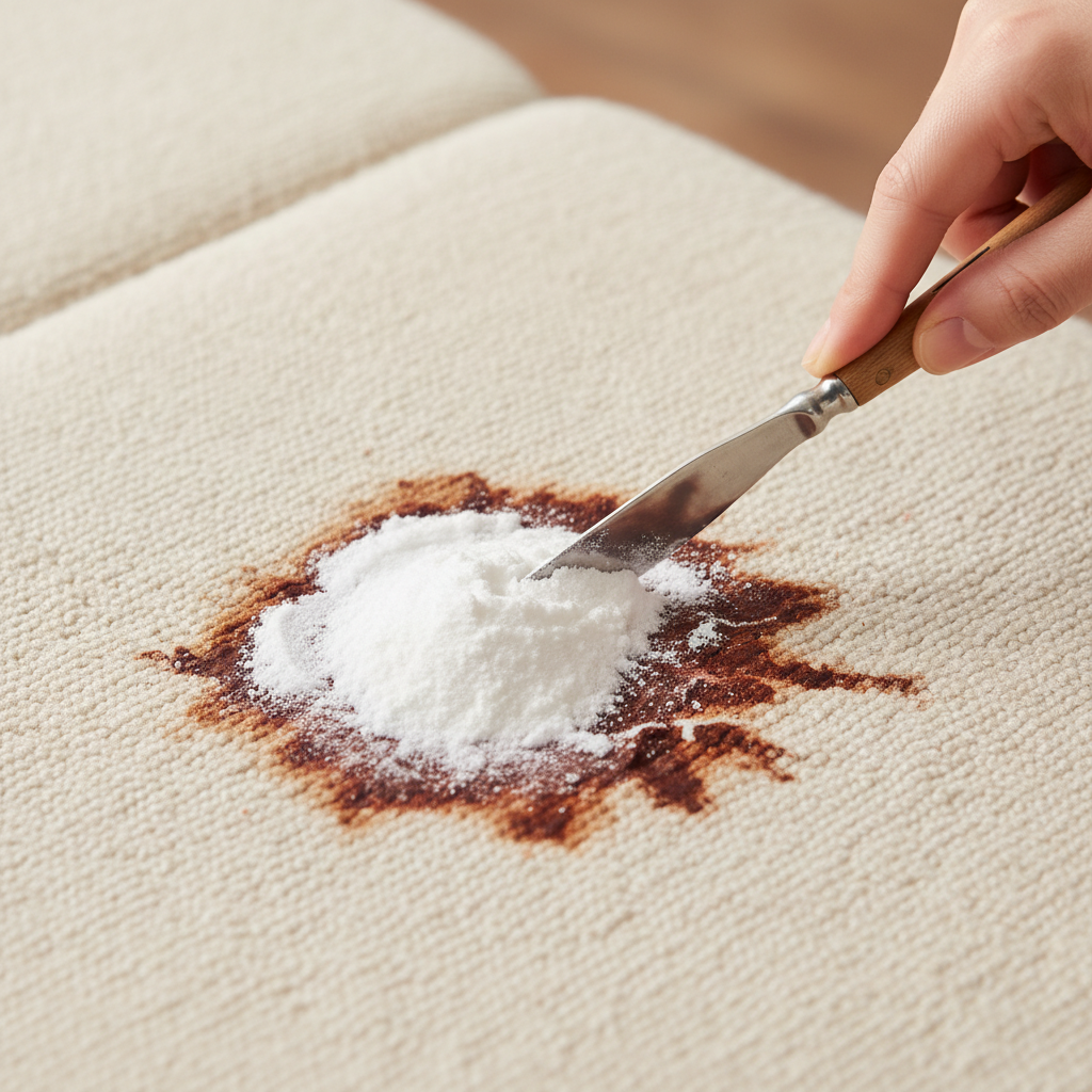 A close-up, high-angle shot showing a section of light-colored fabric, like upholstery or carpet, with a distinct, dried reddish-brown blood stain. A hand, appearing from the top of the frame, is carefully applying a thick, white baking soda paste directly onto the stain using a small, clean spatula or a butter knife. The paste partially covers the stain, creating a clear visual of the treatment in progress. The background is softly blurred, keeping the focus on the application and the contrast between the stain and the paste. Realistic photo style with excellent depth of field.