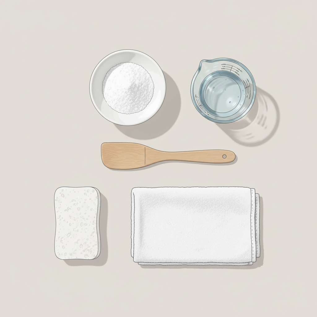 An overhead, minimalist flat lay illustration depicting the essential items for stain removal. In the center, a small white ceramic bowl holds a mound of fine, white baking soda powder. Adjacent to it, a small clear glass measuring cup contains clear, cold water, indicated by a subtle blue tint or condensation. A clean, simple wooden spoon or spatula rests next to the bowl. A neatly folded, clean white microfiber cloth or sponge is positioned nearby. The background is a clean, neutral surface, emphasizing the purity and simplicity of the ingredients.