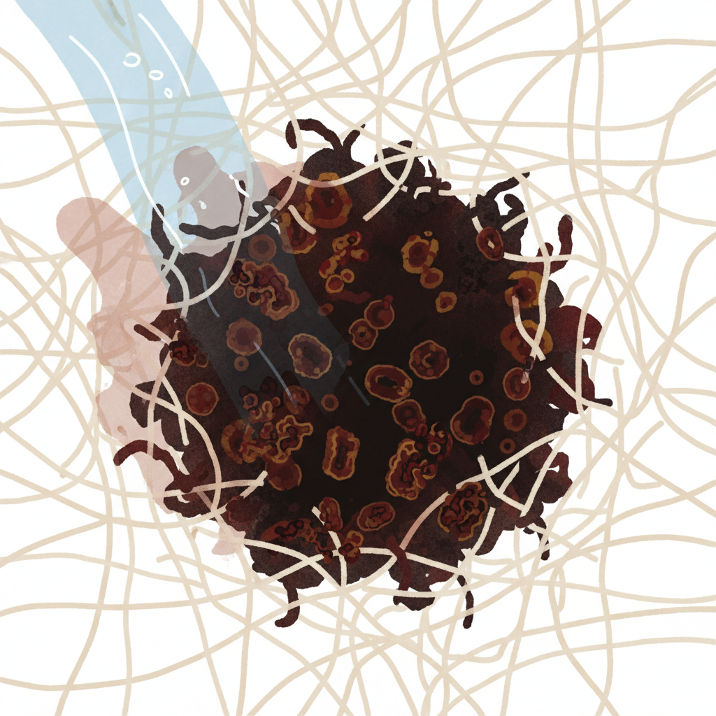 A macro or microscopic illustration depicting a fabric surface (e.g., cotton fibers) with an old, dried bloodstain deeply embedded. The red blood cells and hemoglobin are shown as oxidized, dark, and tightly bound to the fabric strands. In the background, a stream of cold water gently washes over the stain, suggesting its beneficial effect in loosening the proteins without fixing them further. The overall visual should convey the stubbornness of the stain and the gentle power of cold water. Style: Detailed, scientific-aesthetic flat illustration with a clean, modern feel.