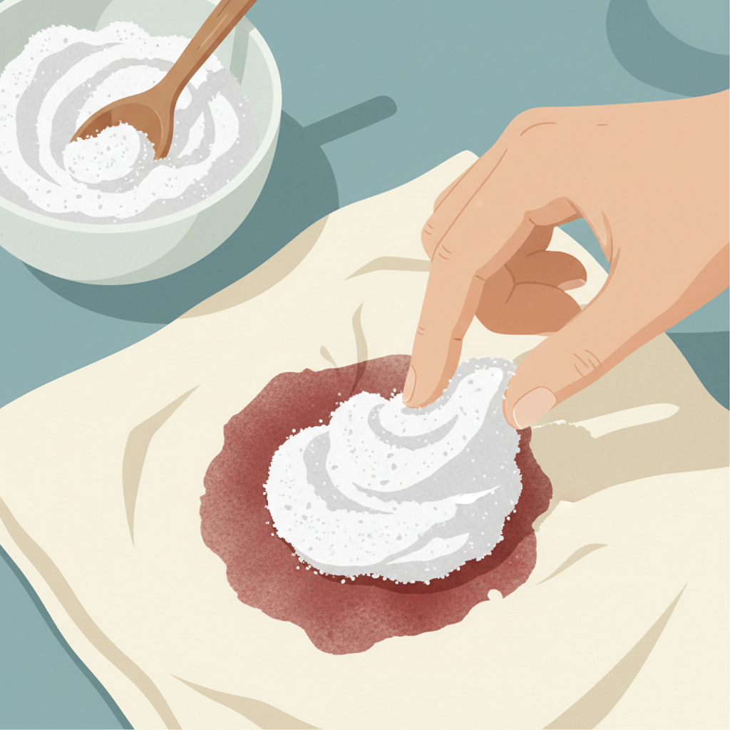 A bright, clean flat illustration showing a hand gently applying a thick white paste, made from salt and cold water, onto a dark red, dried bloodstain on a light-colored fabric surface (like a white shirt or cushion). A small bowl with the paste and a spoon could be visible nearby, indicating the preparation. The scene should emphasize the careful application and the contrast between the paste and the stain, conveying a sense of practical action and hopeful cleaning. Style: Clean, inviting flat illustration with soft shadows and a focus on the objects and action.