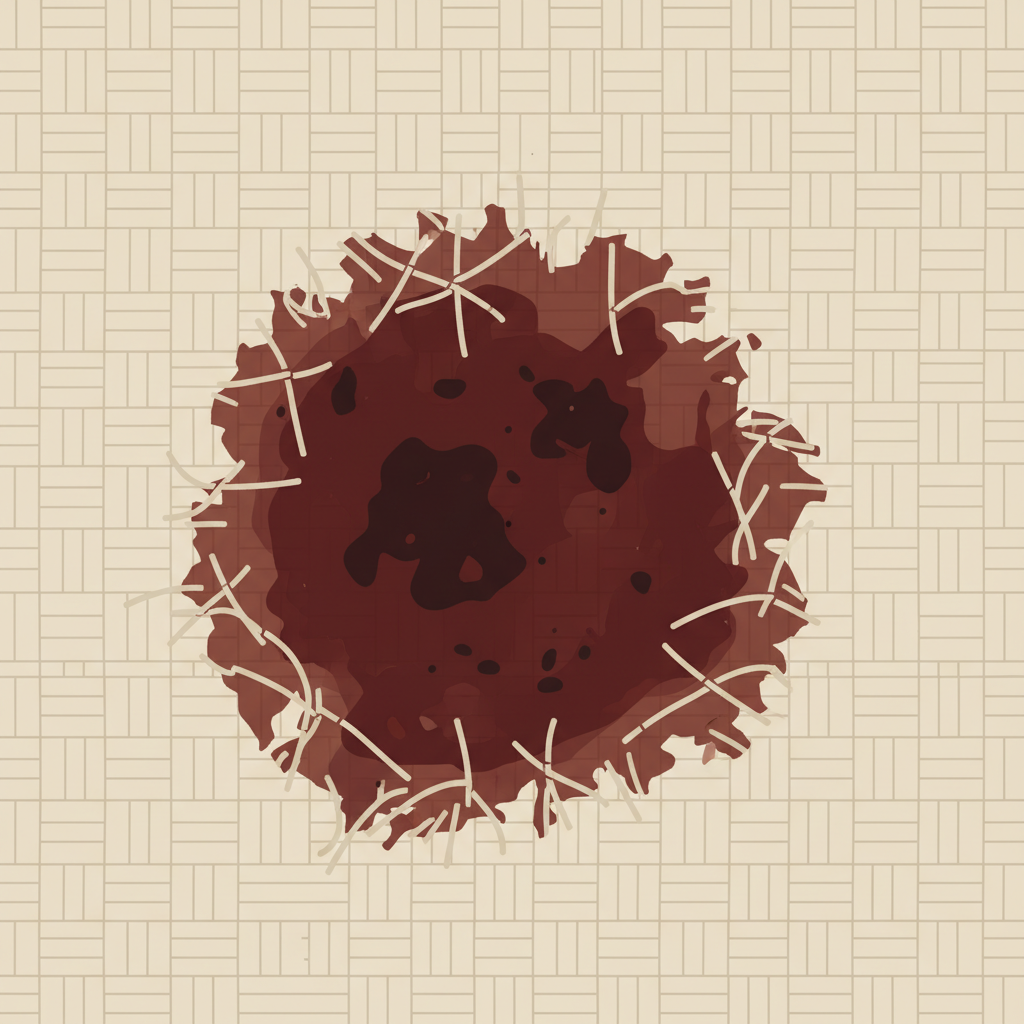 A detailed close-up, flat illustration depicting an old, deeply set, reddish-brown blood stain on a light-colored fabric surface, possibly a white cotton t-shirt or a beige carpet fiber swatch. The stain should appear dried and firmly embedded within the material's weave, with subtle visual cues suggesting its stubbornness and penetration, such as stylized, intertwined fibers or a slight textural depth. The overall aesthetic is clean and crisp, highlighting the challenge of removing the entrenched mark. No cleaning tools or agents are visible, only the persistent stain itself.