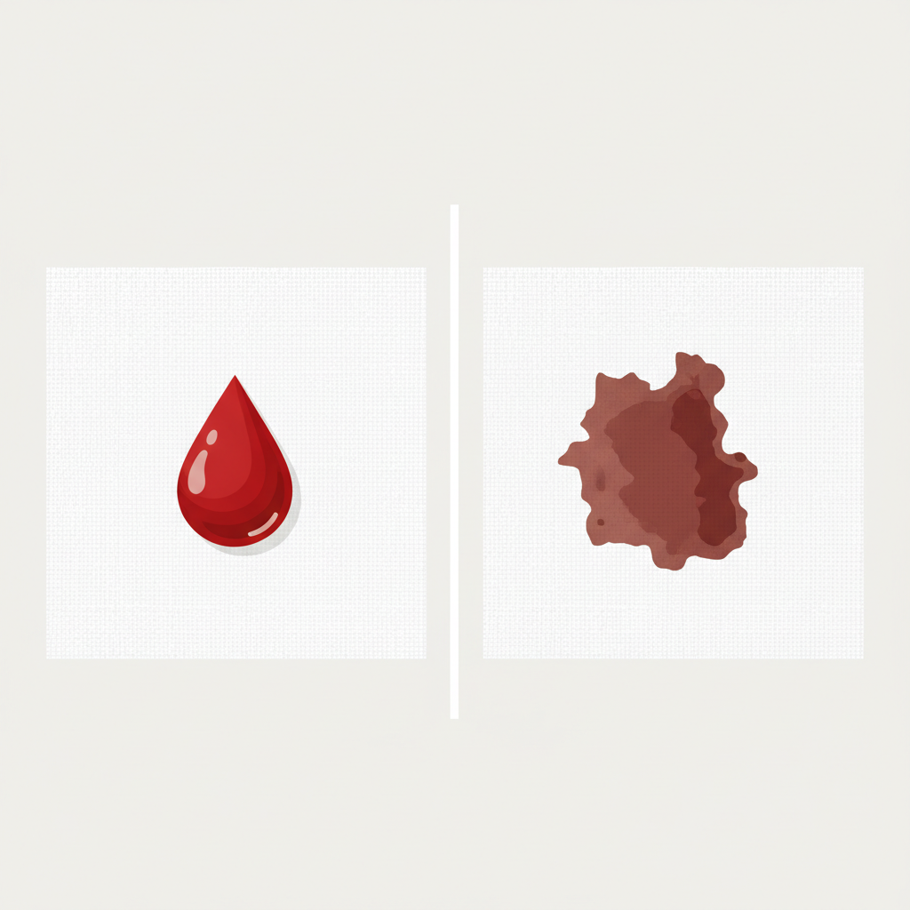 A clean, modern flat illustration presented as a diptych or split image. On the left side, a pristine white textile surface (e.g., cotton, linen) with a small, vivid red, liquid blood drop freshly fallen and looking easily removable. On the right side, the same textile surface featuring a dark, reddish-brown, dried and oxidized blood stain, appearing firmly set and difficult to remove. The visual contrast should clearly convey the difference between a fresh and an old stain, emphasizing the varying challenges they present. The background is simple and uncluttered.