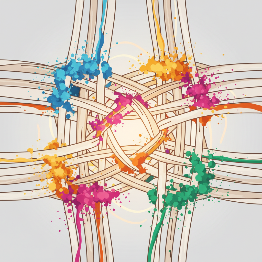 A vibrant, close-up conceptual illustration depicting paint pigments deeply embedded within the intricate fibers of a piece of fabric. The fabric fibers should appear slightly intertwined with colorful paint particles, illustrating how old stains 'set' and bond. Subtle visual cues of heat, like faint wavy lines or a warm glow emanating from the fibers, could suggest the strengthening of this bond. The overall mood should be slightly challenging but not hopeless, emphasizing the tenacity of the stains. Use a modern flat illustration style with a clean aesthetic and a soft, inviting color palette.