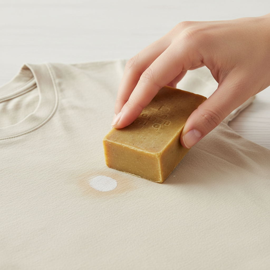 A bright, clean studio photograph showcasing the initial steps of applying a traditional remedy for fabric stains. A hand, with clean nails, is gently rubbing a solid bar of Gallseife (bile soap, a yellowish-brown bar) directly onto a small, dry paint stain on a light-colored piece of fabric, like a cotton t-shirt. The fabric should be spread flat on a smooth, light-colored surface. The focus should be on the interaction between the soap, the hand, and the stained area, highlighting the precise action of working the soap into the fibers. The lighting should be soft and even, emphasizing clarity and a practical, helpful atmosphere.