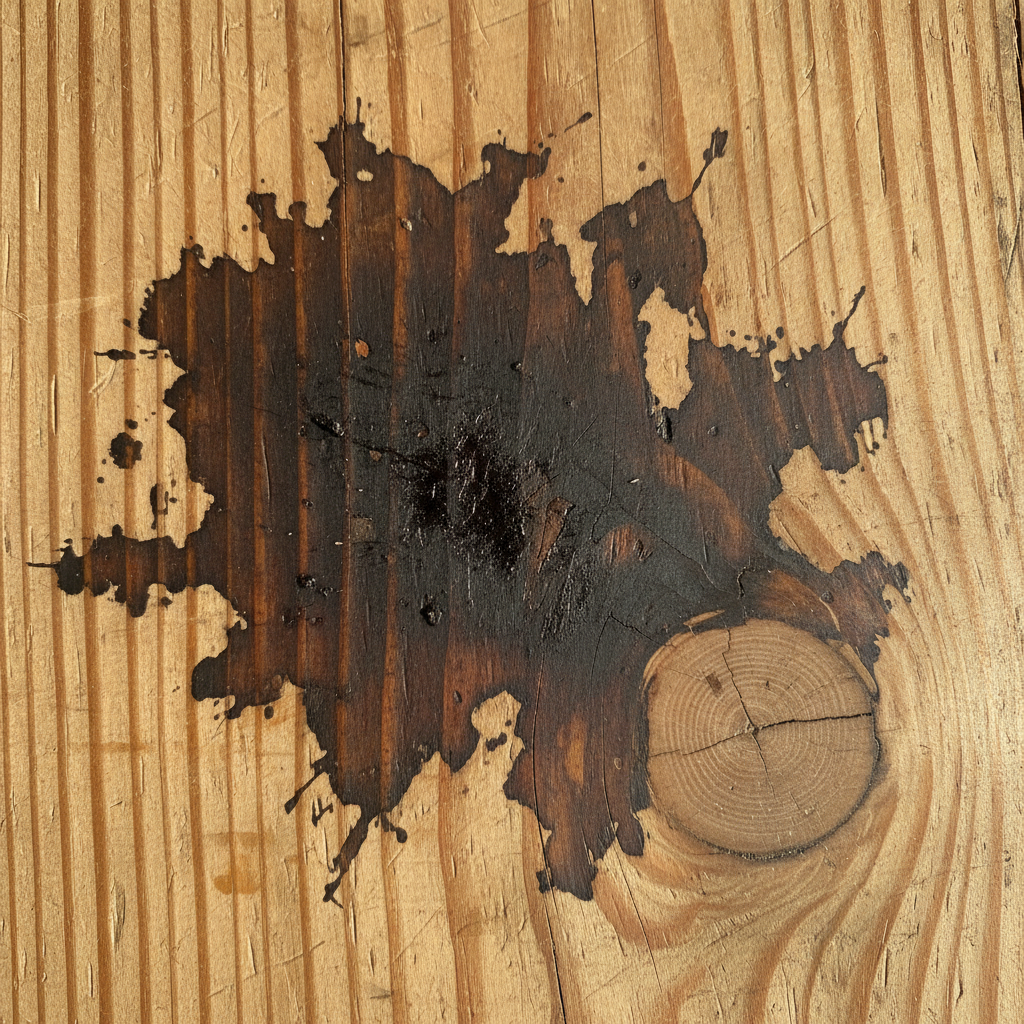 A close-up, high-detail professional photo showing a section of an old, untreated wooden tabletop or floorboard. A prominent, dark, oxidized grease stain is clearly visible, contrasting with the lighter, natural wood grain around it. A small, subtle corner of the stain should appear slightly lighter or 'treated,' hinting at progress, but the main stain remains deeply embedded. The focus is on the texture of the wood and the ingrained nature of the stain. The lighting should be natural and warm, emphasizing the wood's character and the challenge of removal.