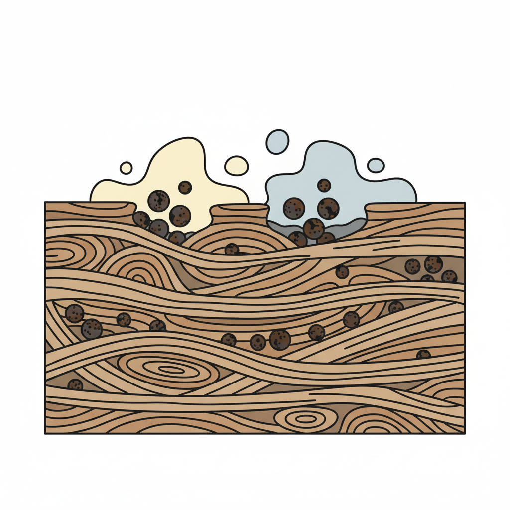 An infographic-style illustration depicting a magnified cross-section of a wooden surface. Show a detailed representation of wood fibers and open pores. Dark, oily molecules (represented as small, abstract, brownish-black spheres) are visibly deeply embedded within these pores, some appearing oxidized. On the surface, larger, lighter colored abstract shapes (representing cleaning agents) are shown interacting with and beginning to lift some of the embedded oil molecules, illustrating the process of stain removal from the wood's porous structure. Use clean lines and a muted, natural color palette.
