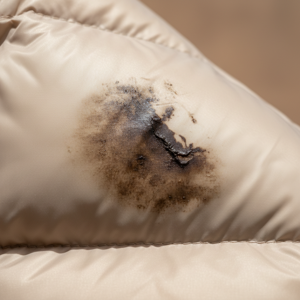 A professional, high-quality close-up photo of a section of a light-colored (e.g., beige or light gray) down jacket. A prominent, dark, and visibly old grease stain is deeply embedded in the fabric. The subtle texture of the jacket's outer material should be visible, hinting at its delicate nature. The lighting should emphasize the sheen of the grease and the slightly crinkled appearance of the affected fabric area, conveying a challenging, persistent problem. The background is softly blurred.