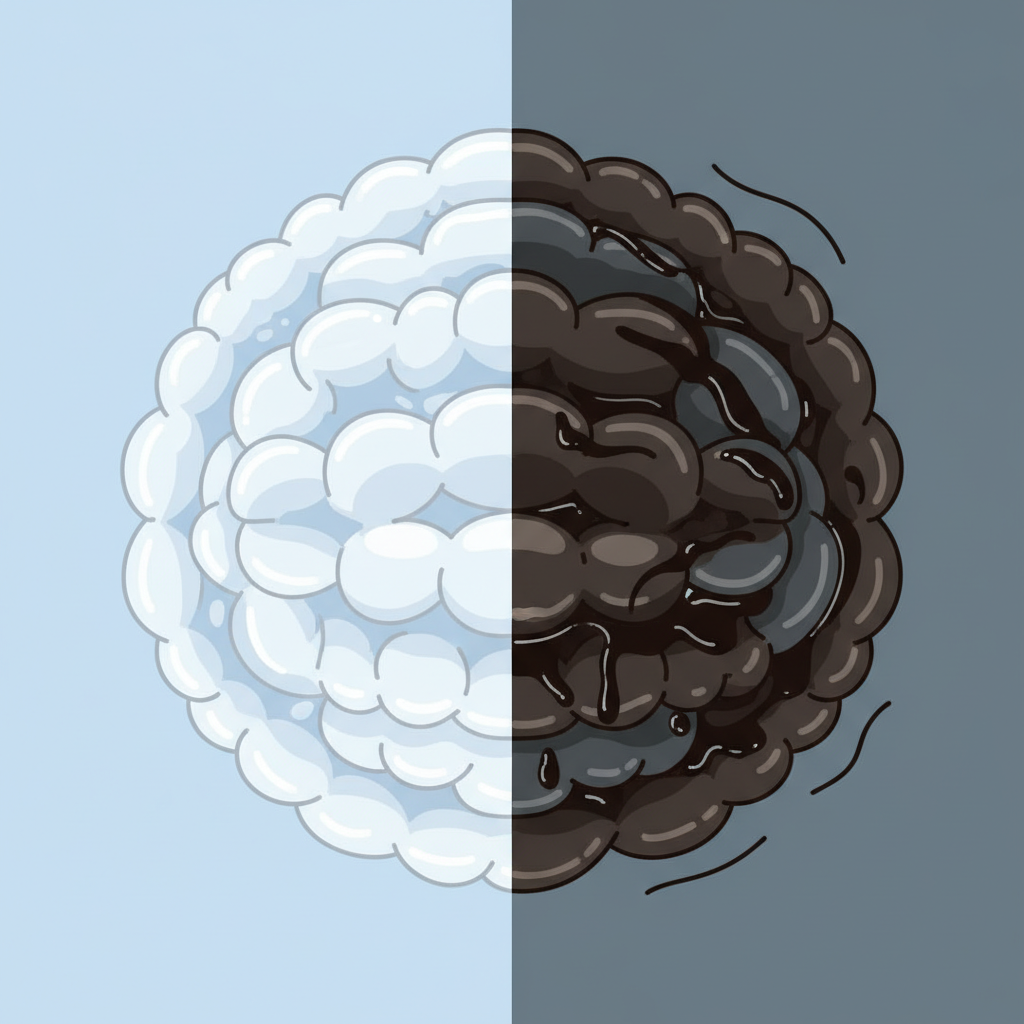 An infographic-style flat illustration presenting a side-by-side comparison. On the left, a magnified cross-section of healthy down jacket insulation shows fluffy, distinct down clusters creating ample air pockets for warmth. On the right, a similar magnified cross-section shows the down clusters visibly clumped and flattened, saturated with a dark, oily substance, significantly reducing the insulating air pockets. The colors should be clean and contrasting to clearly differentiate the two states.