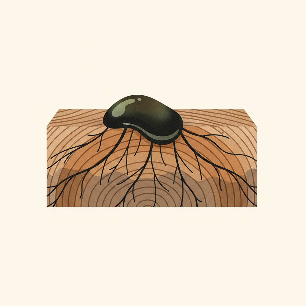 A detailed cross-section of a wooden surface, clearly showing the intricate patterns of wood grain. A dark, oily droplet representing grease is depicted on the surface, with visible, deep tendrils illustrating its penetration into the wood's porous structure. Deeper areas of the wood show a subtle discoloration or hardening effect, conveying the 'old' and 'oxidized' nature of the embedded stain. This is a clean, modern flat illustration with subtle textures, using natural wood tones and a contrasting dark, oily color for the stain, against a simple, light background.