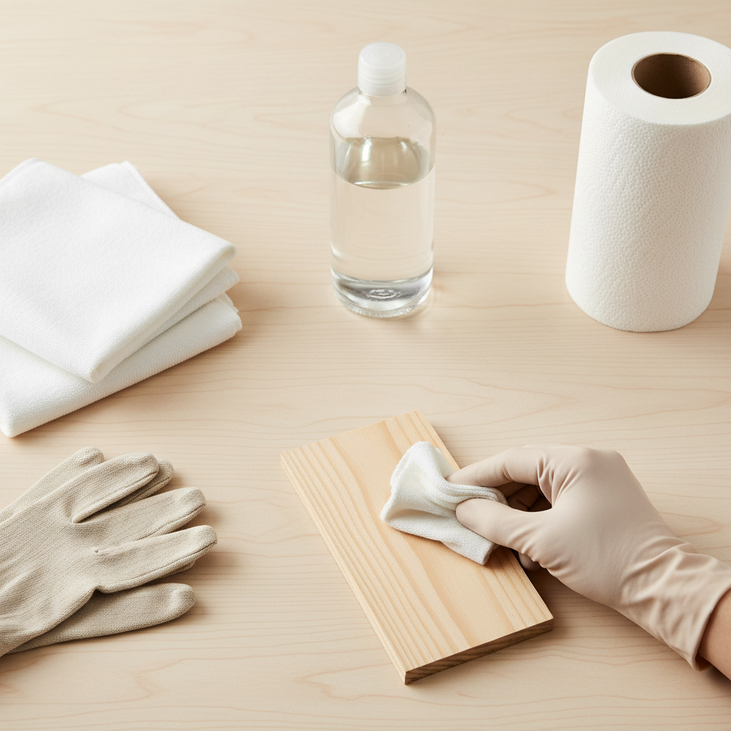 A professional, brightly lit top-down photo composition of a clean workbench or table. Neatly arranged items are ready for the stain removal process, including a pair of light-colored protective gloves, a stack of soft microfiber cloths, a roll of paper towels, and a generic, unidentifiable bottle of cleaning solution. In the foreground, a hand wearing a glove gently dabs a small, light-colored wooden sample piece, demonstrating the crucial step of testing on an inconspicuous spot. The image conveys organization and preparedness.