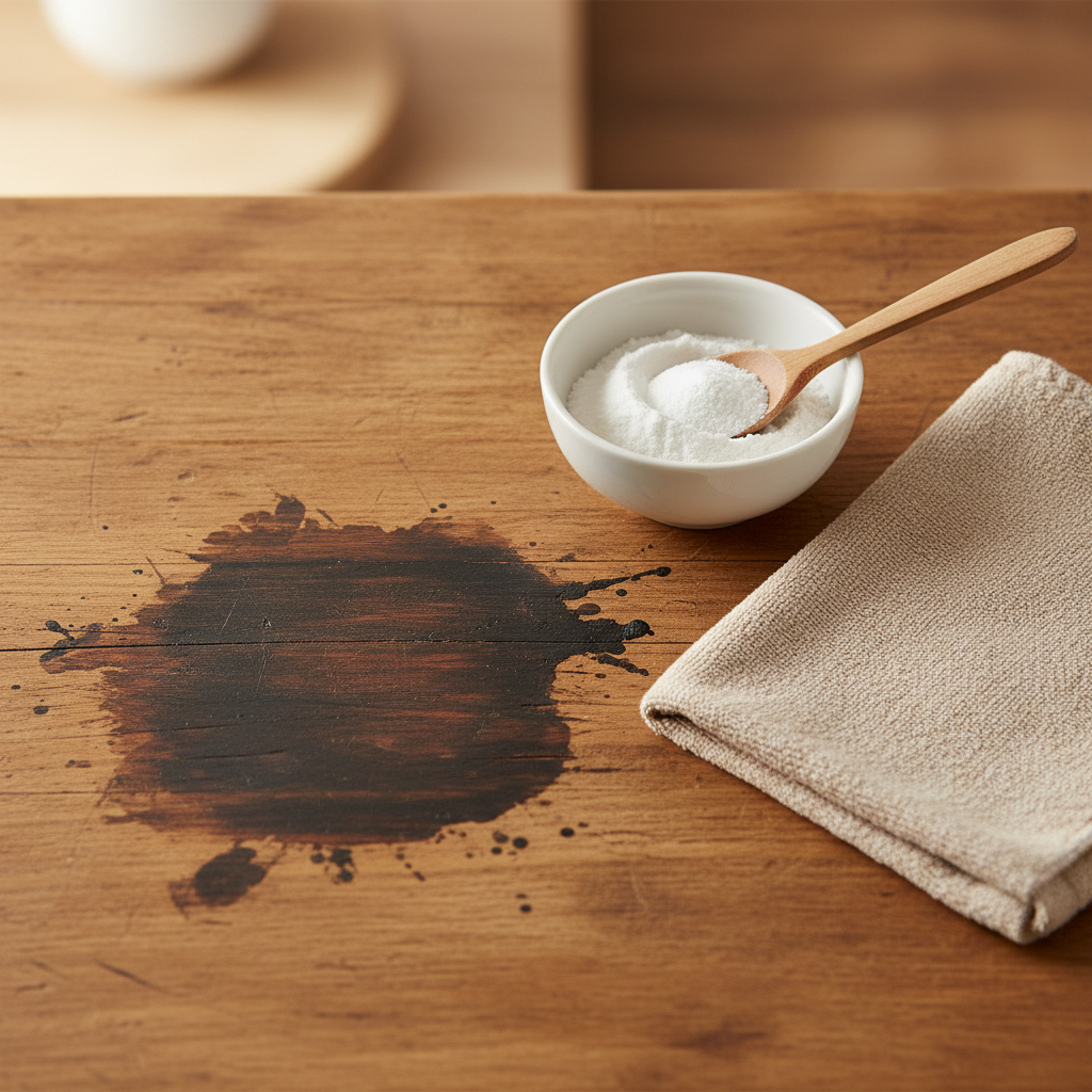 A close-up, slightly overhead professional photo of a warm-toned wooden table surface. A noticeable, dark, old grease stain is prominent on the wood. Neatly arranged next to the stain are essential cleaning items: a soft, light-colored microfiber cloth, a small white bowl filled with baking soda, and a delicate wooden mixing spoon. The background is softly blurred to emphasize the table and the cleaning preparations, suggesting readiness to tackle the problem.