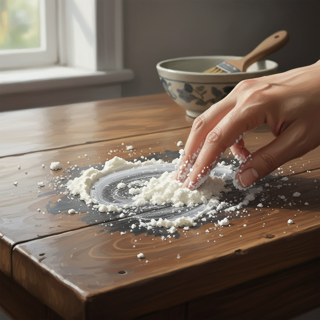 A realistic digital painting illustrating the gentle application of a cleaning agent. A hand, with fingers slightly spread, is carefully spreading a thick, off-white paste (representing baking soda paste) directly onto a dark, old grease stain on a richly grained wooden table. The texture of the wood and the paste should be highly detailed, capturing the moment of direct action to treat the stain. Natural, soft lighting highlights the cleaning process.