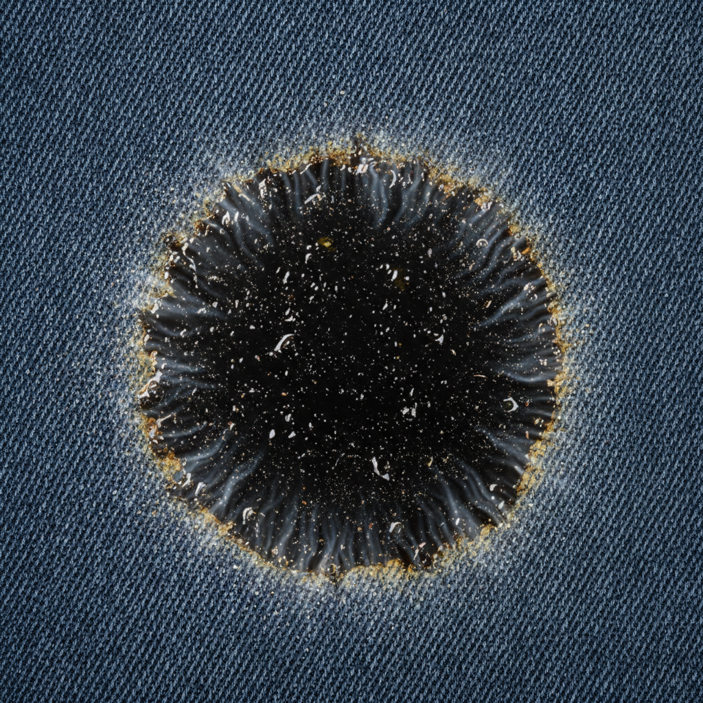 A macro shot focusing on a prominent, circular old grease stain embedded deeply within the fibers of dark indigo denim. The stain exhibits a slight sheen and some discoloration at its edges, conveying its stubborn nature. The surrounding denim texture is clearly visible, highlighting the absorbency of the fabric. In a subtle, abstract way, faint, shimmering light particles or a gentle 'dissolving' effect begin to emanate from the stain's center, symbolizing the start of the cleaning process without depicting specific products. The overall mood is one of challenge meeting a solution, presented with a clean, professional product photography aesthetic.