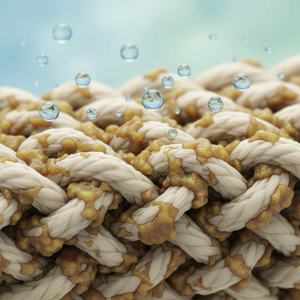 A close-up, microscopic-style illustration depicting the interaction of an old grease stain with fabric fibers. Show interwoven textile threads (e.g., cotton or synthetic) with solidified, dark yellow fat particles deeply embedded and clinging to the fibers. Illustrate small, light blue water droplets being repelled and hovering above the fat and fibers, unable to penetrate. The overall scene should convey the stubbornness of the stain and the hydrophobic nature of fat, making it visually clear why water alone isn't effective. Use a clean, scientific diagram style with soft gradients and clear distinction between elements, emphasizing the deep penetration.