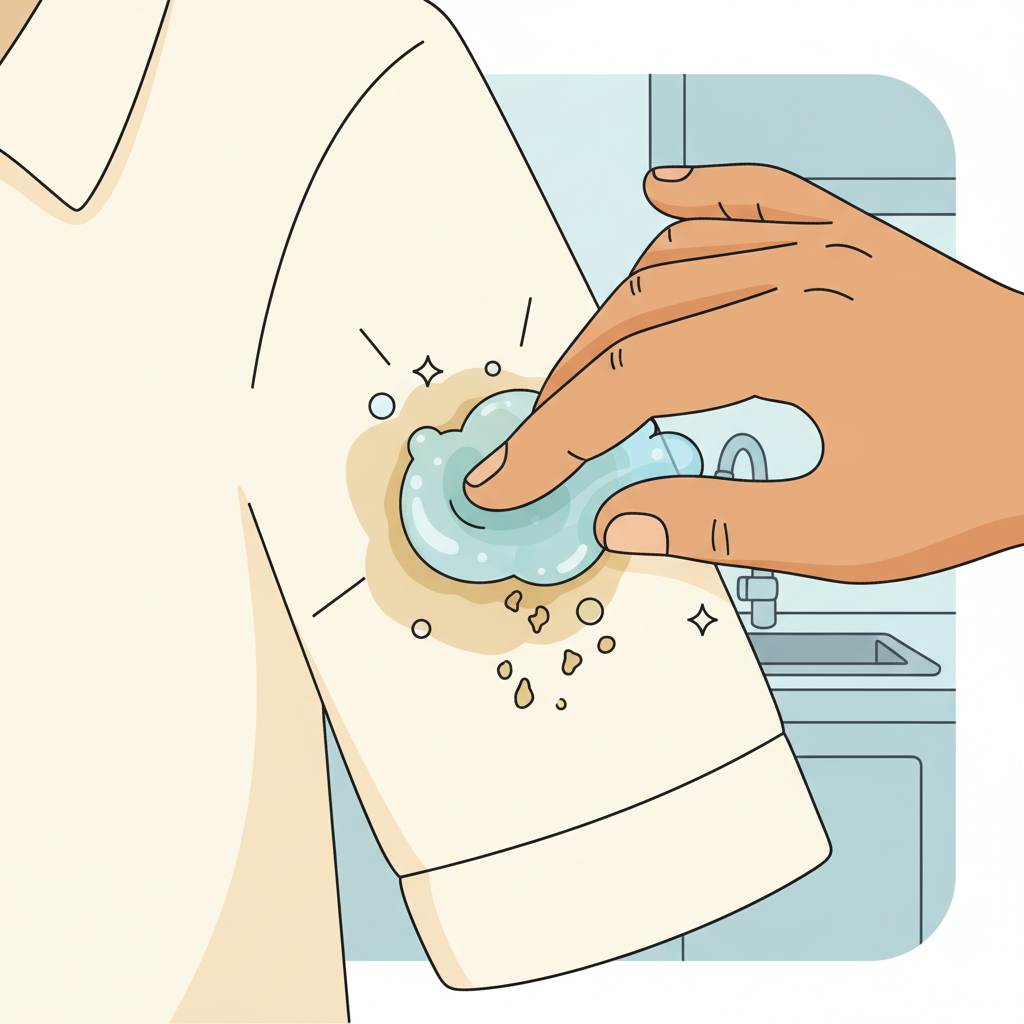 A vibrant, flat illustration showcasing the effective removal of an old grease stain using dish soap. A piece of light-colored fabric (e.g., a white shirt sleeve) has a visible, brownish-yellow old grease stain. A hand, with fingers slightly blurred from movement, is gently rubbing a small amount of concentrated blue dish soap directly onto the stain, with tiny, sparkling bubbles forming. The stain underneath the applied soap area should appear to be visibly breaking down or fading slightly, symbolizing its dissolution. The background is simple and clean, suggesting a domestic setting. The overall mood should be hopeful and effective.