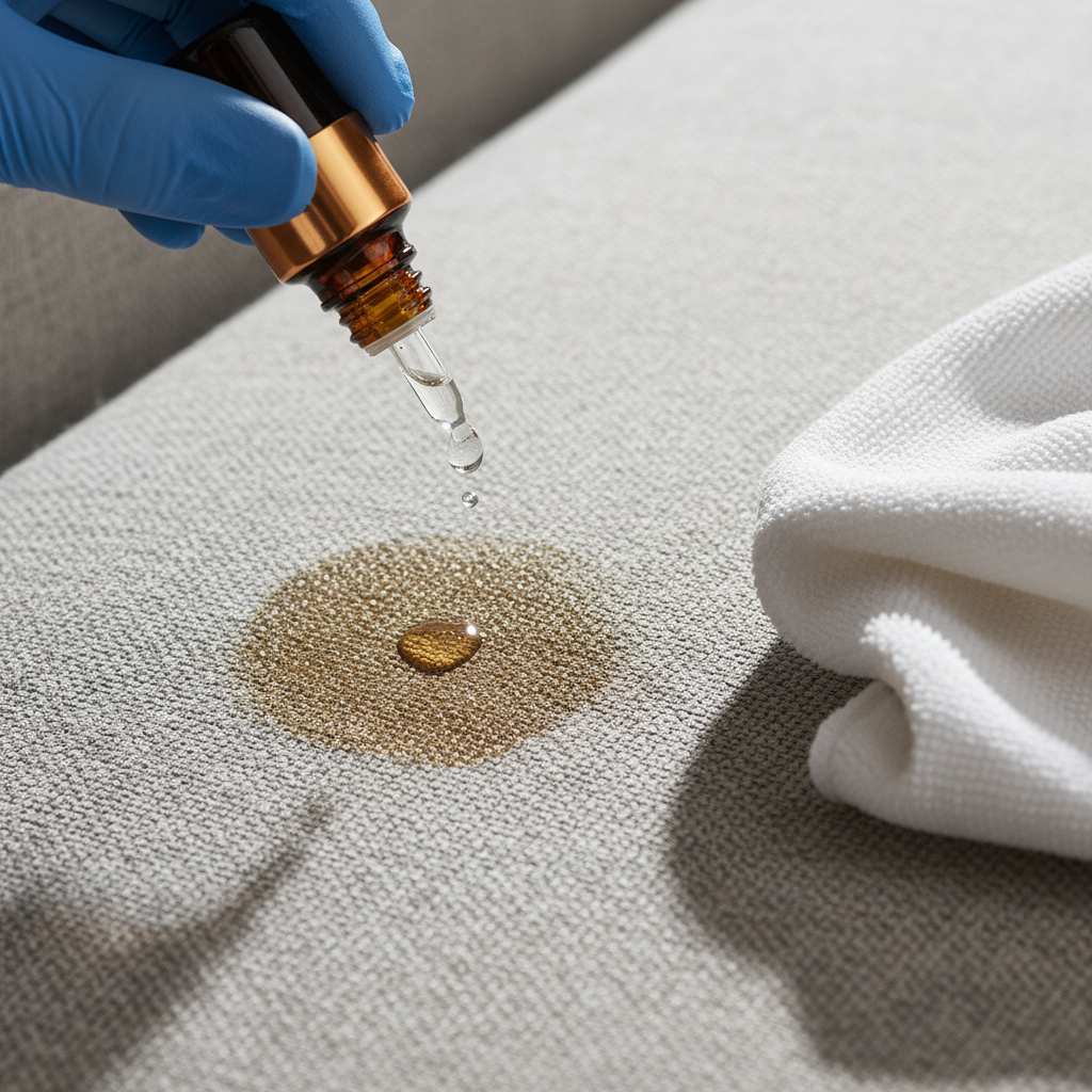 A close-up, professional photo of a stubborn, old grease stain deeply embedded in a light grey, textured upholstery fabric cushion. A gloved hand, holding a small dropper bottle, carefully applies a few drops of a clear cleaning solution directly onto the center of the stain. Nearby, a clean, white microfibre cloth is ready to blot. The lighting is bright and focused, highlighting the contrast between the dark stain and the clean fabric, conveying a sense of effective, precise cleaning in progress.