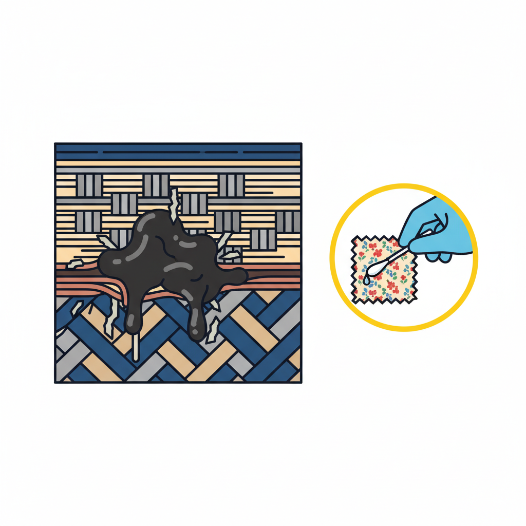 An infographic style illustration depicting two key concepts. On the left, a magnified cross-section of upholstery fabric fibers shows a dark, solidified blob of grease deeply entangled within the weave, with tiny particles clinging to it, visually representing its stubbornness. On the right, a smaller, circular inset shows a gloved finger gently pressing a cotton swab with a tiny amount of liquid onto an inconspicuous corner of a patterned fabric swatch, symbolizing the crucial 'test on an inconspicuous spot' step. Clean lines and vibrant, informative colors are used.