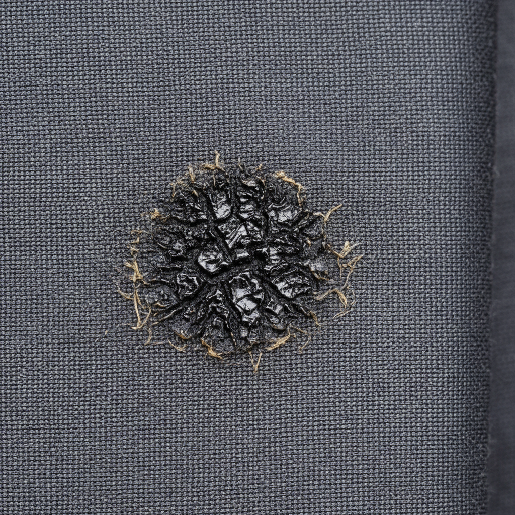 A close-up, high-detail macro shot of a section of tightly woven polyester fabric, perhaps from a garment sleeve. A visibly old, dark, and set-in grease stain is prominently embedded in the fibers. The image should subtly convey the dense, synthetic weave, with the stain appearing almost 'fused' into the fabric rather than just sitting on the surface. Some fibers around the stain might show a slight discoloration or stiffness, indicating the oxidation and deep penetration of the grease. The lighting should be crisp, highlighting the texture of the fabric and the tenacity of the stain. Professional photo style with a focus on textile detail.