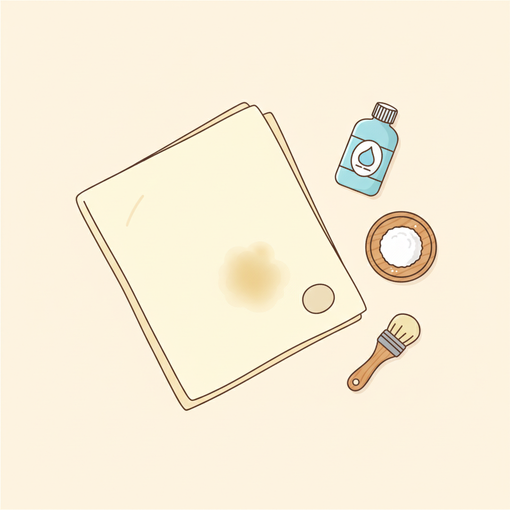A clean, bright flat lay illustration showcasing essential preparation items for old grease stain removal from polyester. In the center, a piece of light-colored polyester fabric is neatly folded, with a faint, old grease stain subtly visible on one corner. Arranged around it are small, iconic representations of cleaning aids: a bottle of mild dish soap, a small pile of baking soda or cornstarch, a soft-bristled brush, and a small, 'tested' spot on an inconspicuous area of the fabric. The overall composition should be orderly and suggest a methodical, ready-to-act approach. Flat illustration style with a minimalist, modern aesthetic and soft, inviting colors.
