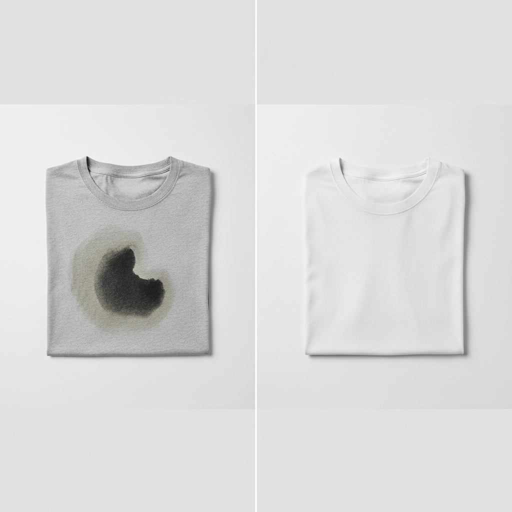 A professional studio product photograph depicting a 'before and after' scenario for a T-shirt. On the left side, a light grey or white cotton T-shirt is shown with a prominent, dark, dried, and set-in grease stain clearly visible on the front. The fabric around the stain looks slightly discolored from age. On the right side, the exact same T-shirt is presented, now immaculately clean and pristine, completely free of any stains. It is neatly folded or smoothly draped, appearing fresh and restored.