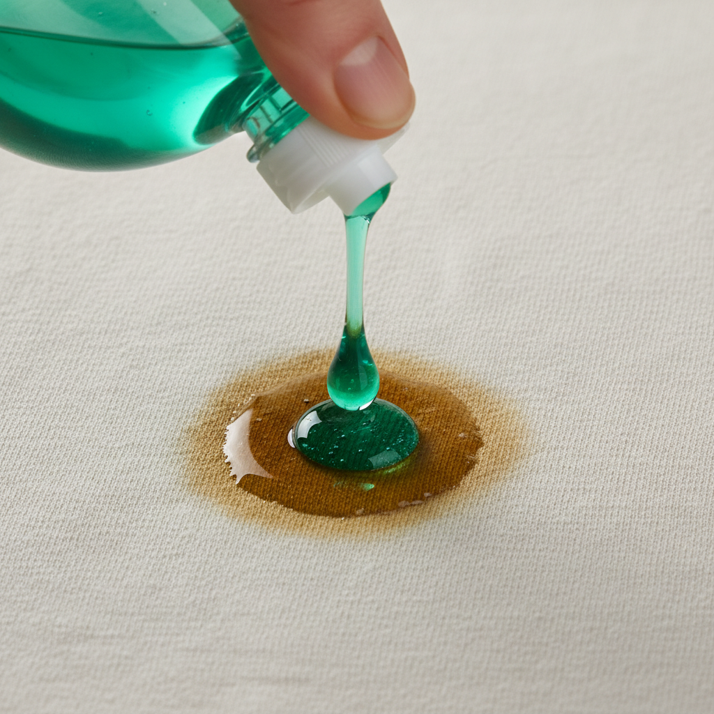 A high-resolution, macro close-up photograph or realistic digital painting of a light-colored cotton T-shirt fabric. A distinct, old, dark yellow-brown grease stain is deeply embedded in the textile fibers. A hand is gently squeezing a bottle of liquid dish soap, and a single, viscous drop of the blue or green soap is just beginning to spread onto the center of the old grease stain. The focus is on the textured fabric, the greasy sheen of the stain, and the initial application of the soap.