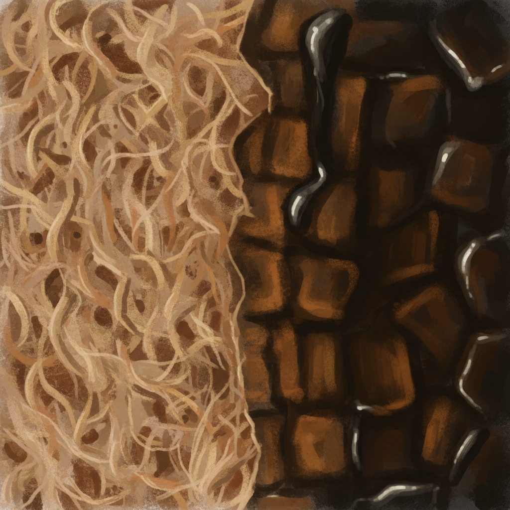 A detailed, close-up diagram illustrating the microscopic structure of suede. On one side, show the healthy, fuzzy fibers of suede, highlighting its porous nature with tiny gaps and interwoven threads. On the other side, depict a dark, oily substance (representing grease) deeply embedded and adhering to these fibers, visually demonstrating how it saturates and hardens within the material. The contrast should clearly show the intact suede versus the stained, compromised area. Use a scientific illustration or infographic style with warm, earthy tones for the suede and a darker, more viscous appearance for the grease.