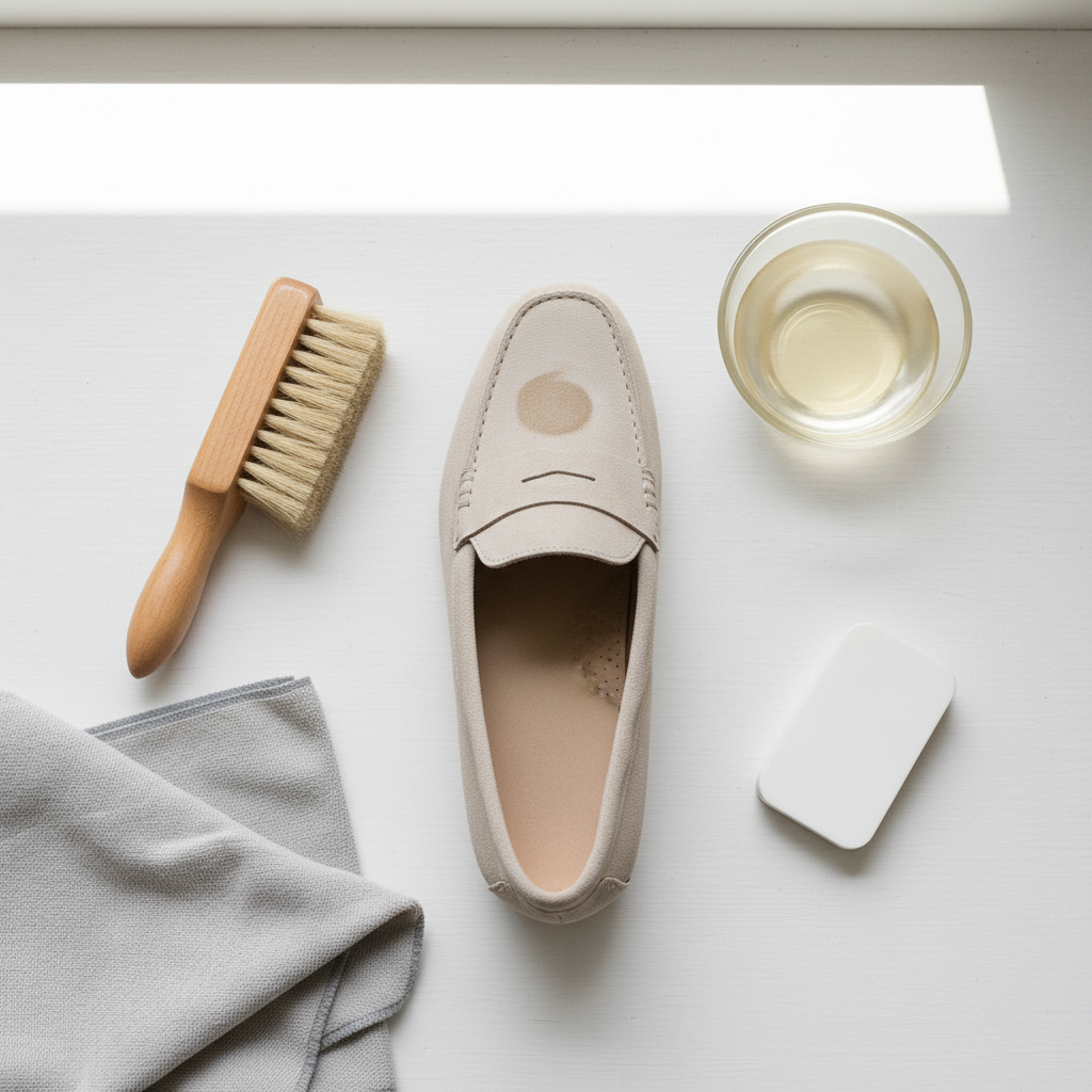 A clean, flat lay photograph showcasing the essential tools for removing old grease stains from suede. Arrange a light-colored suede shoe or small bag as the central item. Neatly positioned around it should be a specialized suede brush (with two different types of bristles visible), a soft, lint-free cloth (e.g., microfiber), and a suede-specific eraser. The background should be a neutral, light surface to emphasize the tools. The overall impression should be organized, professional, and ready for action. Professional photo style, with soft, natural lighting.