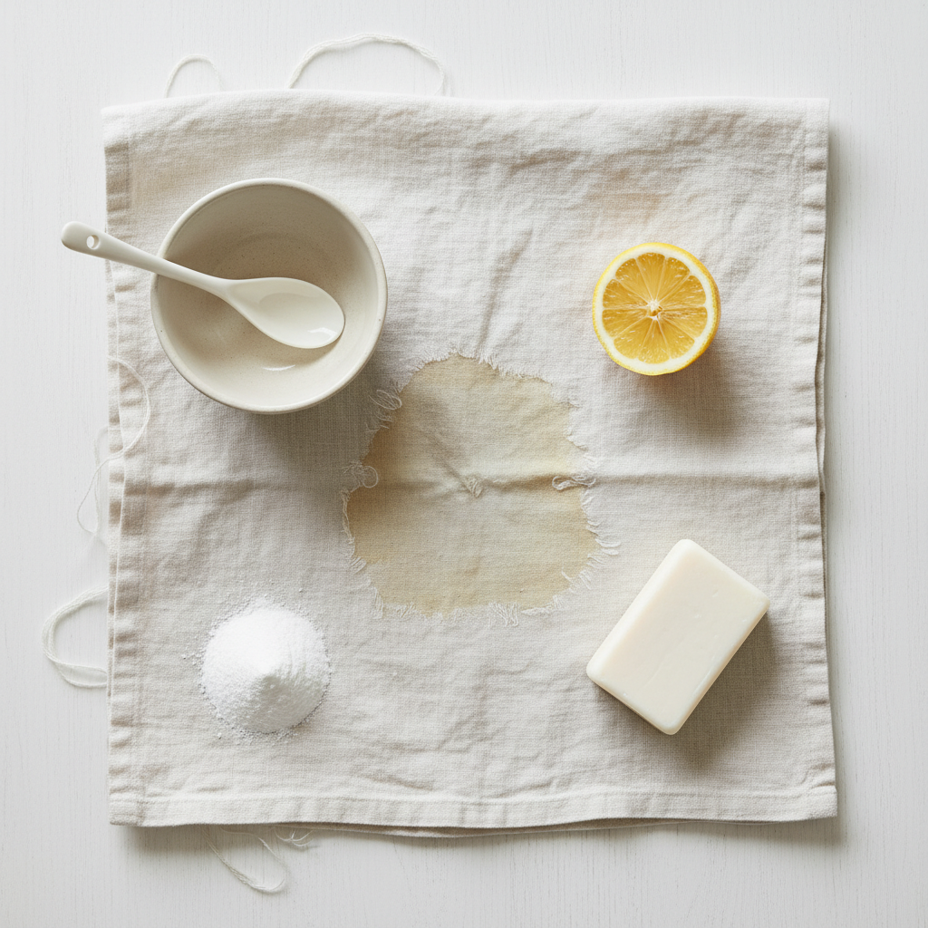 A top-down, professional photo depicting a close-up of a crumpled, light-colored fabric (like a cotton shirt or linen tablecloth) with a prominent, dried-in grease stain. Arranged artfully around the fabric are several generic household items hinting at cleaning: a small, plain ceramic bowl, a white spoon, a slice of lemon, a small mound of white powder (like baking soda), and a simple bar of white soap. The lighting is soft and natural, emphasizing the texture of the fabric and the subtle challenge of the stain, with a clean, minimalist background.