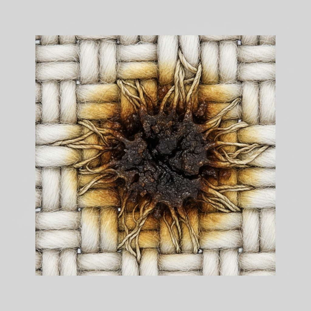 A detailed, microscopic cross-section illustration of woven fabric fibers. Deep within the intricate threads, a dark, hardened grease stain is firmly embedded, showing subtle brownish-yellowish oxidation around its edges. The grease appears solidified and deeply bonded, emphasizing its stubbornness. The surrounding fabric fibers are slightly distorted or clutched around the stain, visually explaining why old grease is so difficult to dislodge. The overall style is a clean, scientific diagram with a modern, informative aesthetic, using muted, natural colors for the fabric and a more viscous, distinct texture for the grease.