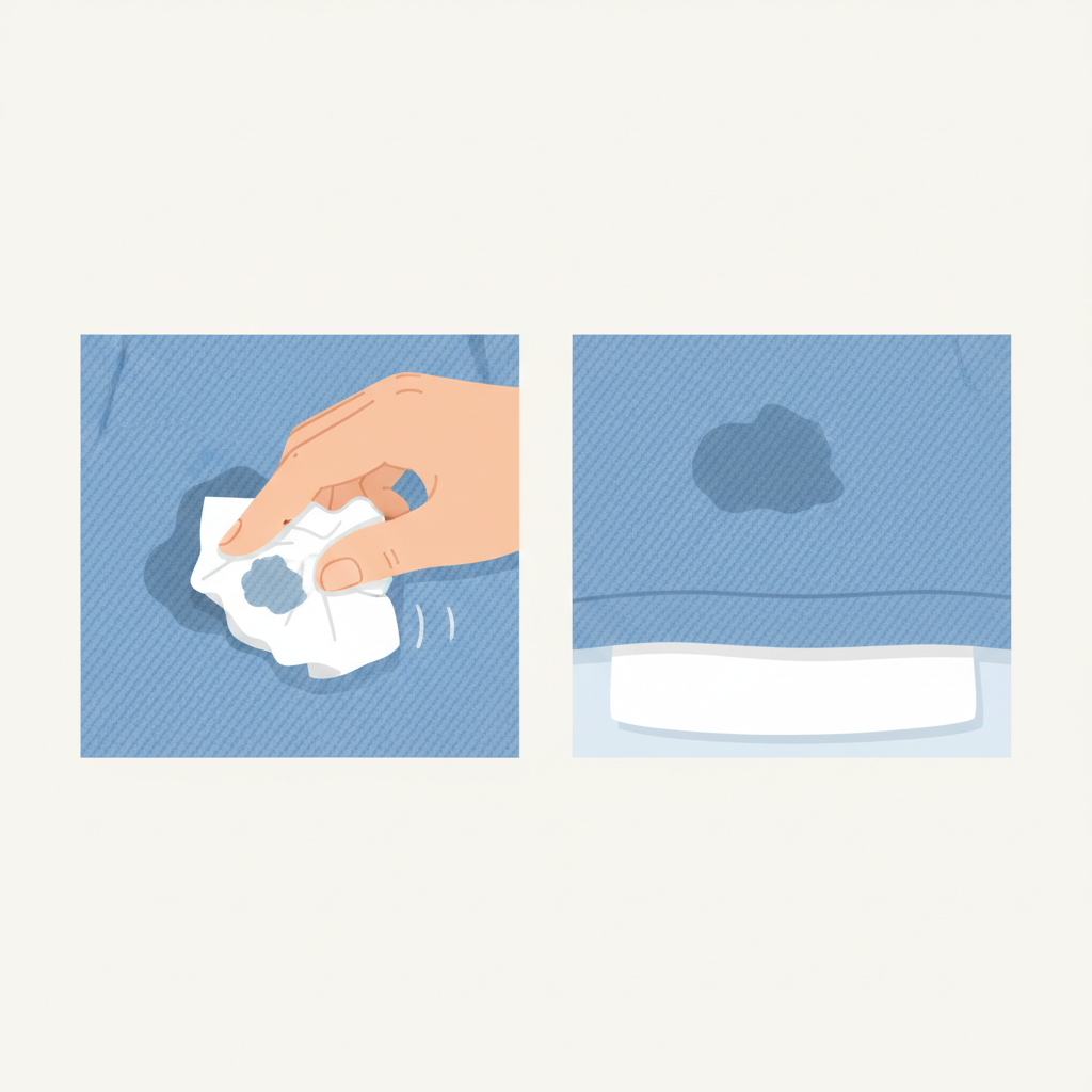 A clean, step-by-step flat illustration showing the initial pre-treatment of a grease stain on fabric. The left side depicts a hand gently dabbing a visible, dark grease stain on a light blue denim fabric with a crumpled piece of white kitchen paper. The right side shows the same fabric, now with a second, clean piece of white kitchen paper or a plain white towel placed directly underneath the stained area, viewed from the back, to prevent spreading. The focus is on clear, distinct actions and materials against a simple, light background, using a friendly, approachable aesthetic.
