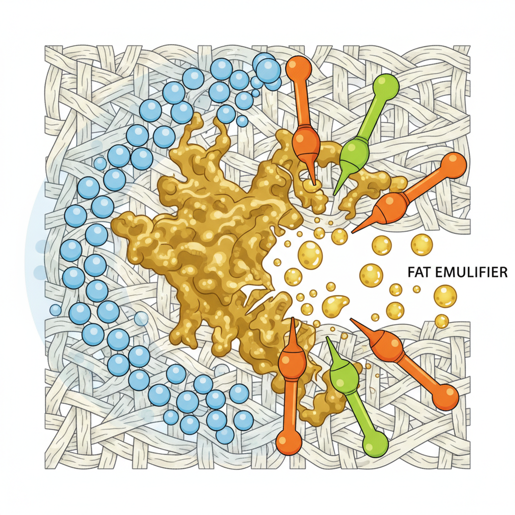 A macro-level, educational diagram illustrating the stubbornness of old grease stains. Show a magnified view of interwoven textile fibers, with sticky, brownish-yellow grease molecules deeply embedded and clinging to them. On one side, depict small, light blue water molecules trying unsuccessfully to wash over the grease, highlighting the high surface tension. On the other side, show specialized 'fat emulsifier' molecules actively breaking down the grease into smaller, dispersed droplets, making it ready to be washed away. Use a clean, scientific infographic style with clear, vibrant colors against a pristine white background, conveying a sense of molecular interaction.
