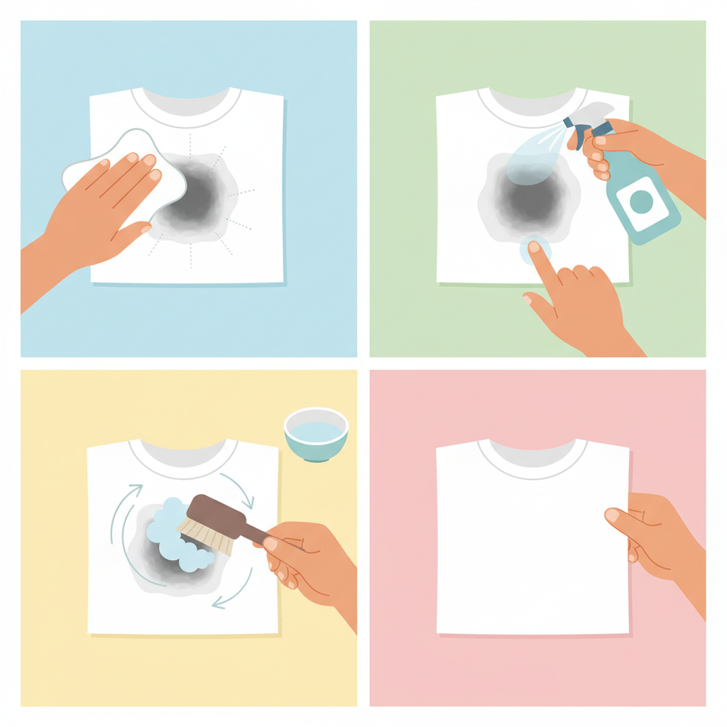 A stylized, step-by-step flat illustration depicting the careful process of treating an old, dried-on grease stain on a piece of clothing. The central focus is a white t-shirt or fabric swatch with a prominent, dark, circular stain. Surrounding the fabric, a series of hands perform specific actions: one gently dabbing the stain with a clean, white cloth, another carefully applying a cleaning agent from a generic bottle onto an inconspicuous fabric patch for testing, and a third gently working a cleaning solution from the stain's edges inward with a finger or soft brush. The aesthetic should be modern, clean, and helpful, using soft, inviting colors.