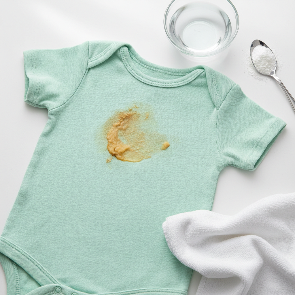 A close-up, professional product photograph of a soft, pastel-colored baby onesie lying flat on a clean, light surface. A prominent, dried-on, yet stubborn old stain (e.g., from pureed fruit or milk) is visible on the fabric. Next to the stain, out of focus but identifiable, are subtle elements suggesting a gentle cleaning process: a small, clear glass bowl with cold water, a spoonful of white baking soda powder, and a soft, clean, white cloth. The lighting is soft and natural, emphasizing the delicate fabric and the challenge of the stain.