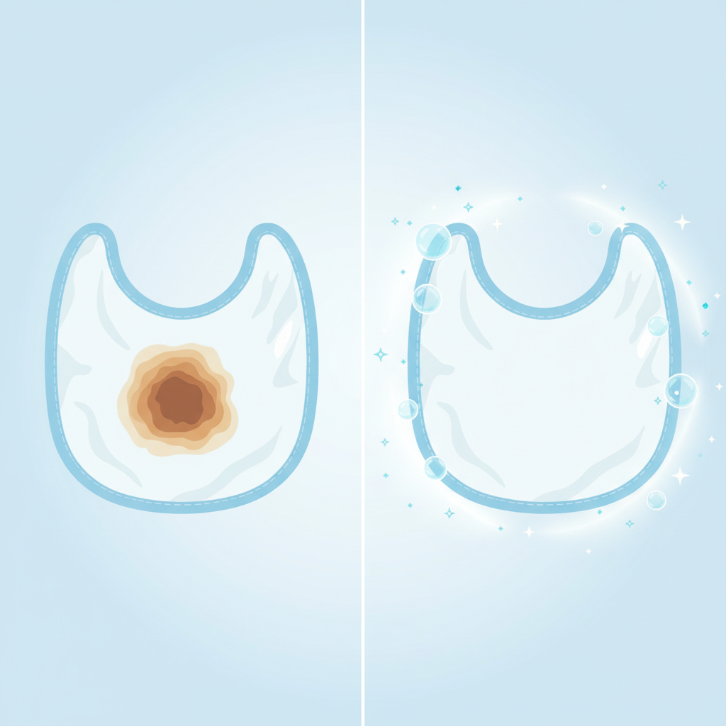 A clean, bright flat illustration depicting a step-by-step or comparative scene of tackling a persistent stain on a baby garment. On the left, a slightly crumpled baby bib or small t-shirt shows a prominent, set-in, old stain (e.g., brownish baby food or a faded yellow milk stain). On the right, the same garment is shown pristine, clean, and perfectly white or brightly colored, completely free of any stains. Around the 'after' garment, abstract, gentle cleaning elements like floating water bubbles, tiny sparkling particles, or a light, refreshing glow are subtly depicted, symbolizing the successful removal process.