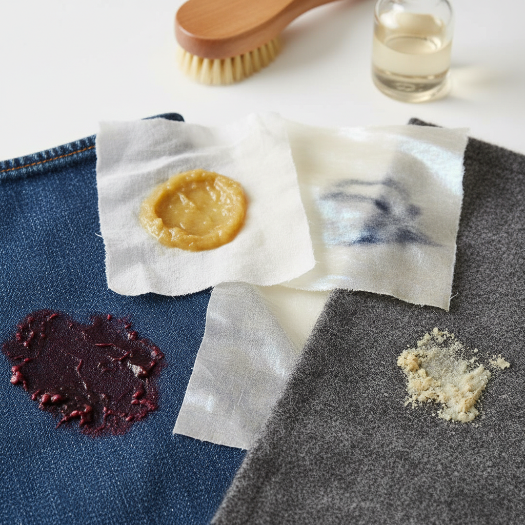 A close-up shot of various fabric swatches, such as denim, white cotton, delicate silk, and dark wool. Each swatch is distinctly marked with a different type of stubborn, old stain: a dried red wine splash, a greasy food residue, a faded ink mark, and a yellowish protein stain. The stains appear set and challenging. In the background, subtly out of focus, are hints of eco-friendly cleaning tools like a natural bristle brush or a small, unlabeled bottle of solution, suggesting a pending removal process. The lighting is bright and clean, conveying hope and expertise. Professional product photography style.