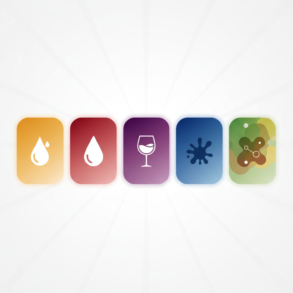 A modern, clean flat illustration or infographic-style diagram. The central theme is the classification of old stains into distinct categories. Five main sections are clearly delineated, representing different stain types. Each section features a small, intuitive visual icon or abstract shape instead of text: an oil drop for fatty stains, a simplified blood drop for protein, a red wine glass for tannin, an ink splat for dye, and a mixed blob for combination stains. Subtle color gradients differentiate the categories. The overall design is organized, easy to grasp, and visually appealing for a blog article.