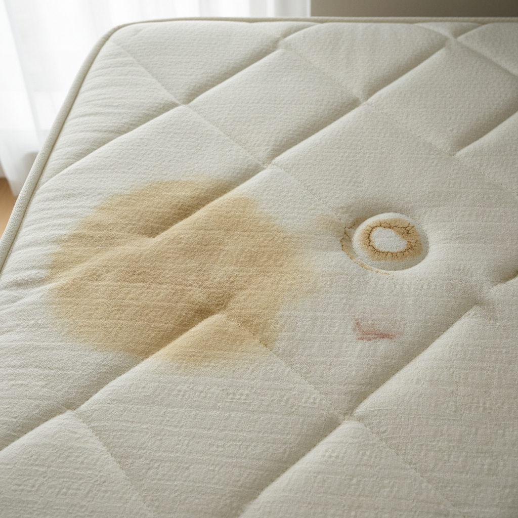A close-up, professional photograph of a section of a white or light-colored mattress showing multiple old, dried stains. Depict a range of common stains like a yellowish sweat mark, a light brown coffee spill, and a subtle reddish blood smudge, all appearing deeply set into the fabric. The texture of the mattress fabric should be clearly visible, with the stained areas looking slightly duller or discolored compared to the clean surrounding fabric. The lighting should be natural and bright, highlighting the contrast between the unblemished and soiled parts of the mattress, emphasizing the need for cleaning in a blog context.