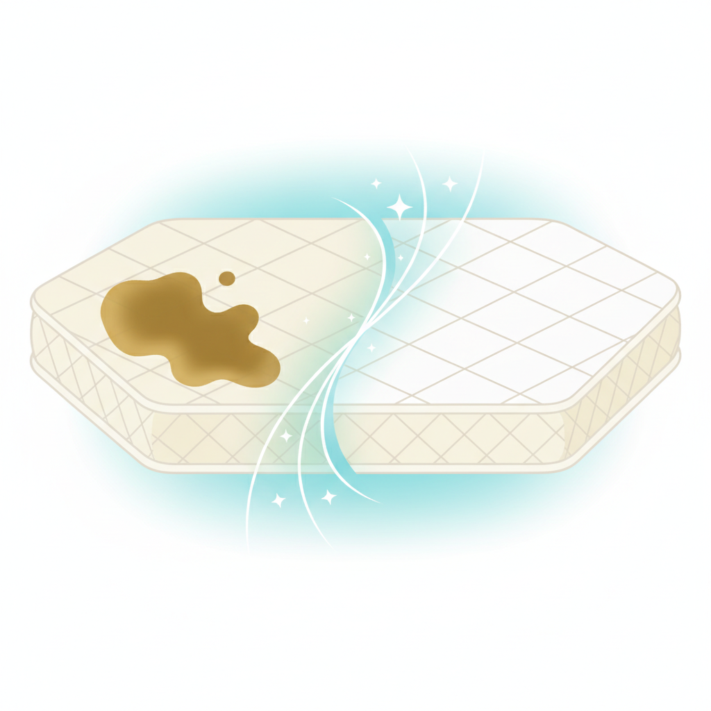 A clean, modern flat illustration depicting a mattress segment undergoing a transformation. The image should be subtly divided, with one half showing a clearly visible, old stain (e.g., a dark yellowish-brown mark) on the mattress fabric. The other half shows the same mattress fabric looking pristine white and fresh, completely free of the stain. A gentle, symbolic cleansing effect, like subtle swirling lines or soft white sparkles, emanates from the transition line between the stained and clean parts, visually representing the stain removal process. The overall aesthetic should be bright, optimistic, and emphasize hygiene and renewal.