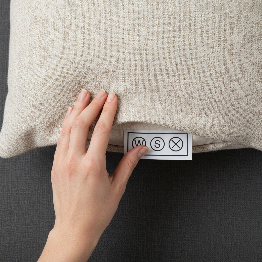 A detailed, professional overhead photograph showcasing a human hand gently lifting a sofa cushion or a fabric flap to reveal a clear care label. The label prominently displays common cleaning symbols like 'W' (water), 'S' (solvent), and 'X' (vacuum only), with crisp, identifiable graphics. The upholstery fabric, perhaps a woven linen or synthetic blend, appears clean and inviting, hinting at the potential for renewal. The focus is on the discovery of vital cleaning information before any treatment begins, emphasizing preparedness.
