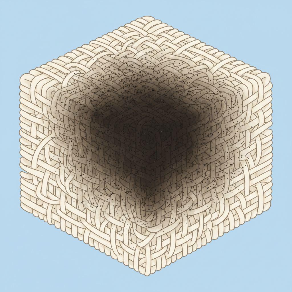 A clear, close-up, infographic-style illustration depicting a stylized cross-section of upholstery fabric fibers. A dark, old stain is shown deeply embedded within the intricate network of these fabric strands, extending far below the surface. The stain particles appear to be tightly intertwined or subtly 'bonded' with the textile fibers, visually representing its stubbornness and deep penetration over time. The surrounding, clean fabric should provide a stark contrast to the dense, challenging stain.