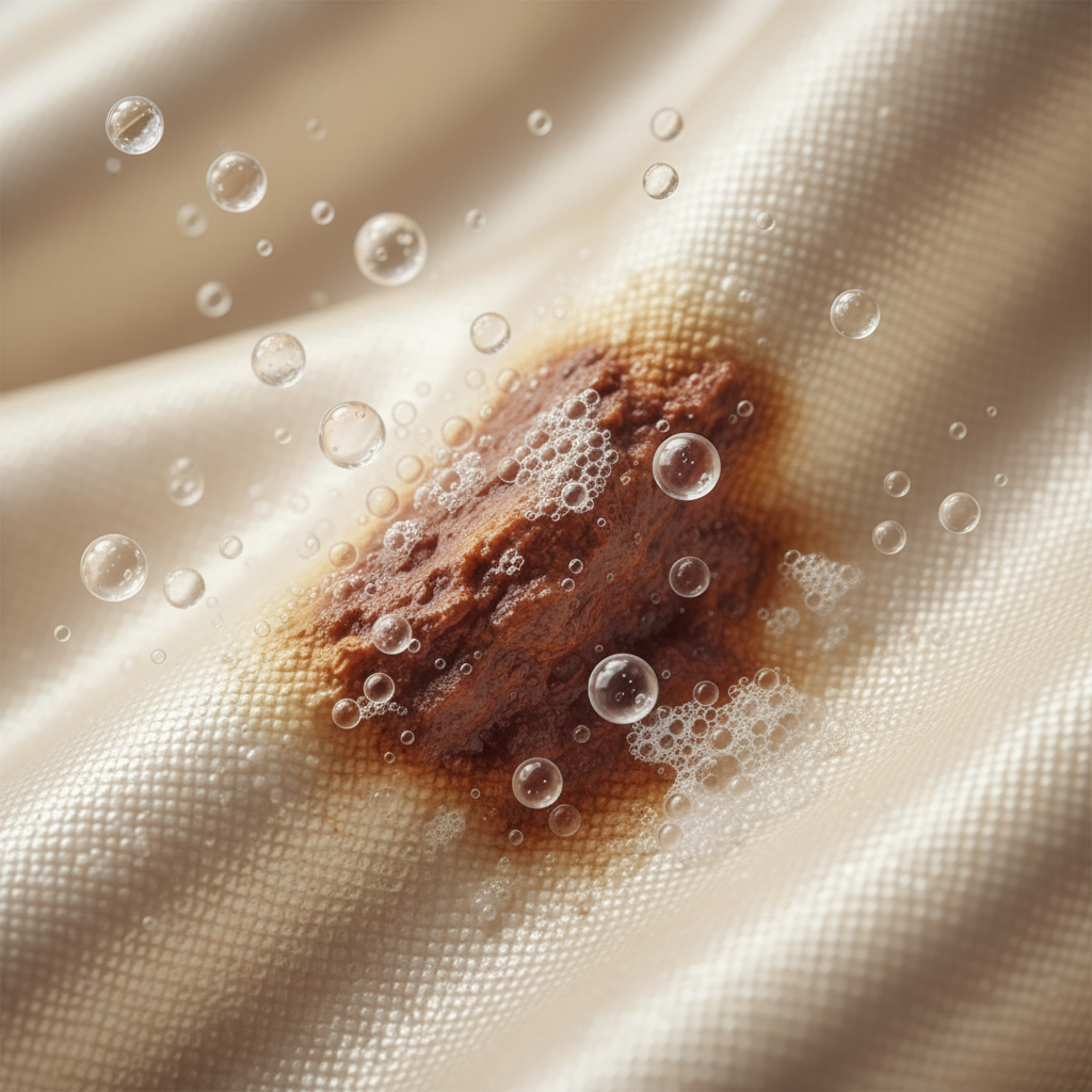 A macro-level illustration showcasing a luxurious, shimmering ivory silk fabric. A stubborn, dried, reddish-brown stain is deeply embedded within the intricate, delicate fibers of the fabric, visually representing its difficulty to remove. Around the stain, tiny, gentle particles or soft bubbles, representing effective yet non-aggressive cleaning agents, delicately interact with the stain without disturbing the surrounding silk. The background features a soft, elegant blur, emphasizing the preciousness of the material. The overall visual conveys a sense of precision and meticulous care required for sensitive fabrics. Style: detailed, high-resolution scientific illustration with artistic softness.