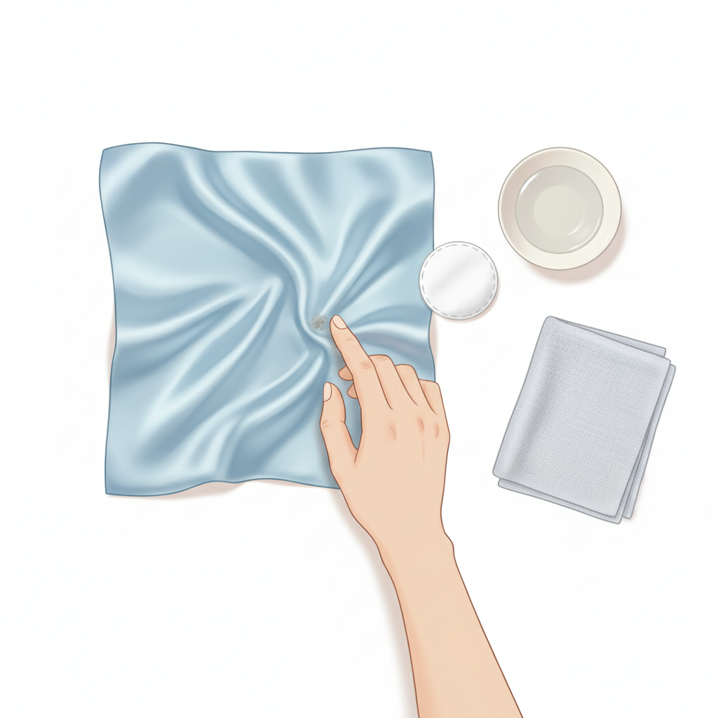 A beautifully composed flat lay illustration showing a pair of elegant, gentle hands carefully dabbing a small, dried spot on a folded piece of lustrous, light blue silk fabric. Beside the fabric are minimalistic representations of gentle cleaning tools, such as a soft, white cotton pad, a small ceramic bowl containing a clear liquid, and perhaps a delicate microfibre cloth. The lighting is soft and even, highlighting the luxurious sheen and texture of the silk while emphasizing the careful, patient action of the hands. Style: elegant, clean flat illustration with a focus on delicate textures and soothing, professional aesthetics.