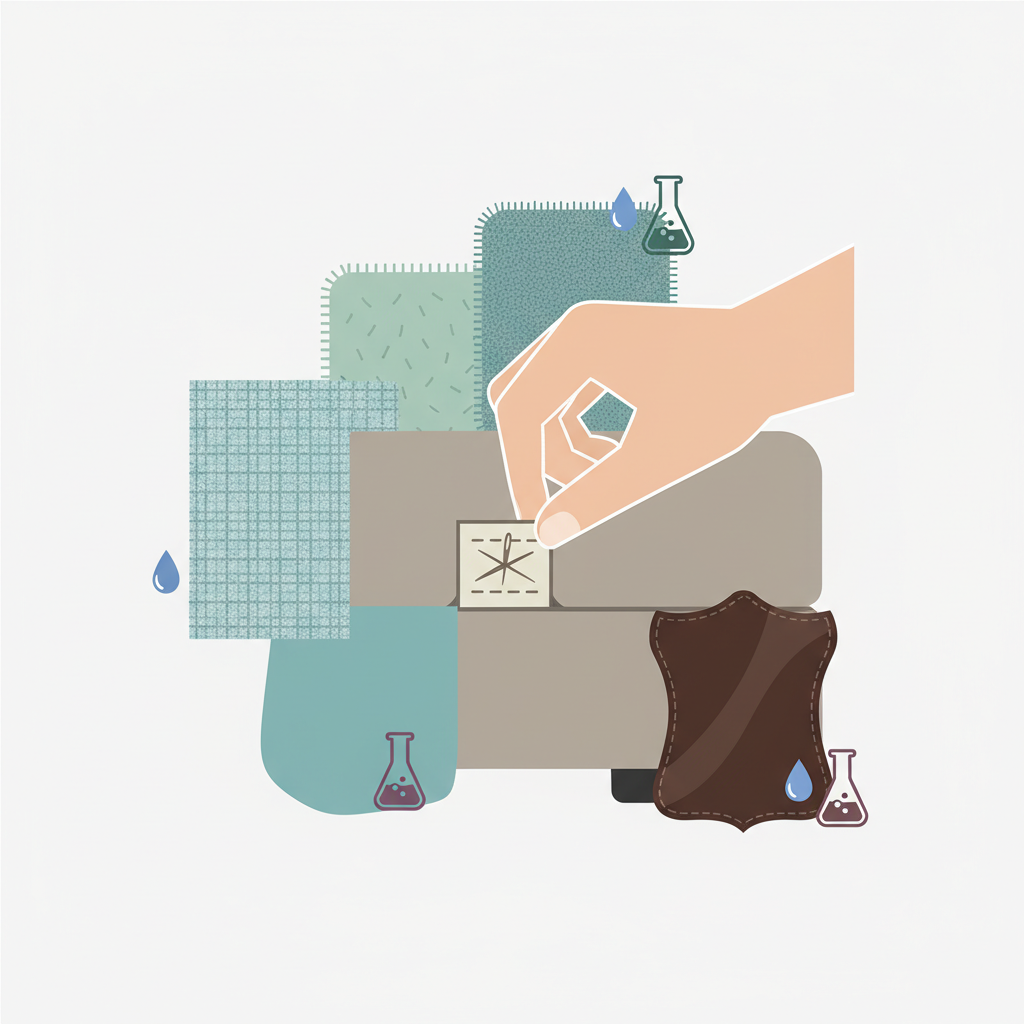 A clean, minimalist flat illustration showing a person's hand gently pulling out or pointing to a care label stitched onto a sofa's underside or seam. Around the hand and label, various stylized fabric textures (e.g., woven cotton, smooth microfiber, sleek leather) are depicted. Next to each fabric or represented as icons near the label, abstract symbols denote cleaning methods: a water droplet, a chemical flask, a combination of both, and a vacuum cleaner or dry brush icon. The overall composition highlights the importance of understanding material types and care instructions before stain removal.
