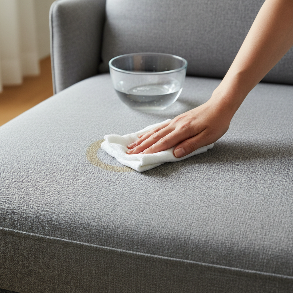 A professional, close-up photograph or realistic digital painting depicting a section of a comfortable, upholstered sofa. A subtle, aged stain (e.g., a dried coffee ring or faint dirt mark) is visible on the fabric. A pair of well-groomed hands, in gentle motion, carefully dabs the stain with a clean, white microfibre cloth. Nearby, a simple glass bowl holds a clear liquid, suggesting a gentle cleaning solution. The lighting is soft and natural, emphasizing the texture of the sofa fabric and the careful, methodical approach to stain removal.