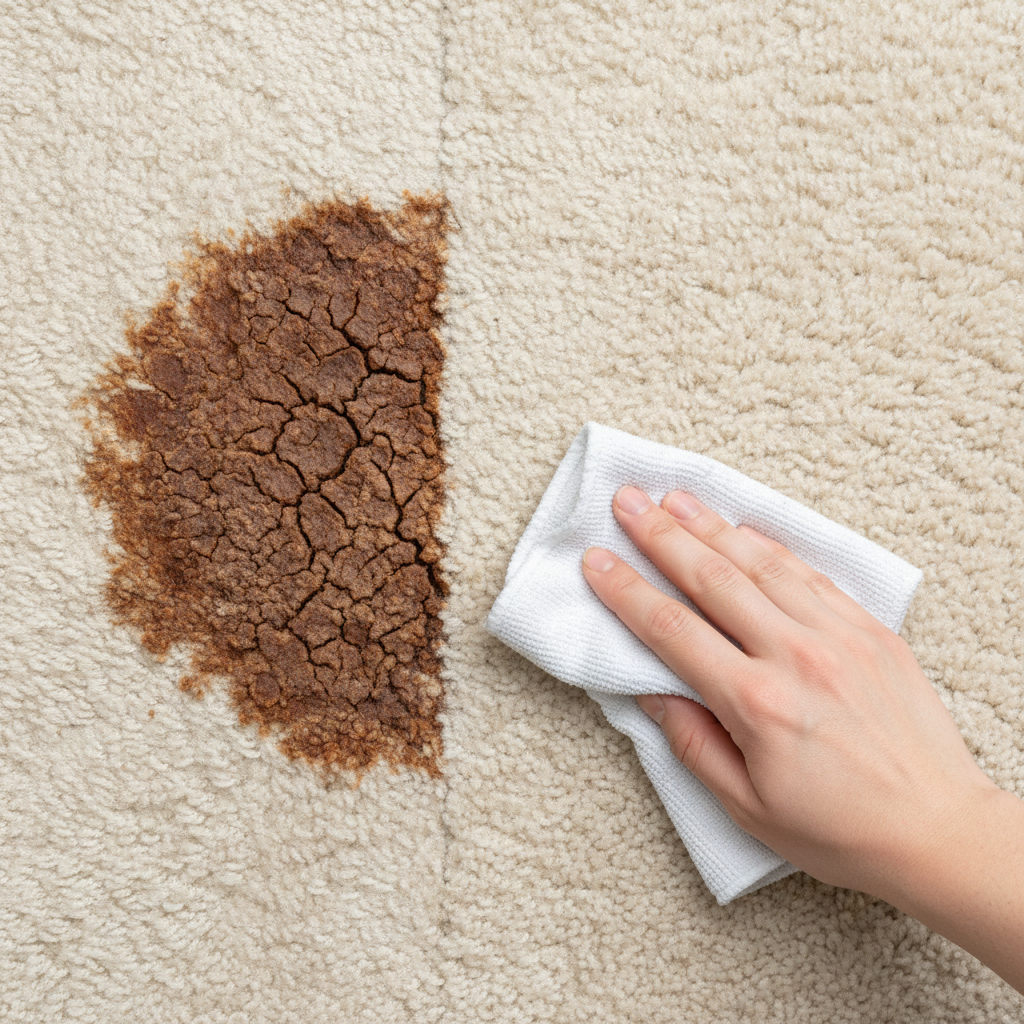 A realistic, close-up professional photo of a light-colored carpet. The image is horizontally split or shows a clear visual transition. On the left side, a prominent, dark, dried-out coffee or wine stain is deeply embedded in the fibers, looking old and stubborn. On the right side, the same carpet area is spotless and clean, the fibers restored to their original color and texture. A human hand, partially visible and holding a white microfibre cloth, is gently dabbing the transition zone, symbolizing the effective cleaning process and transformation. The focus is on the dramatic visual improvement.