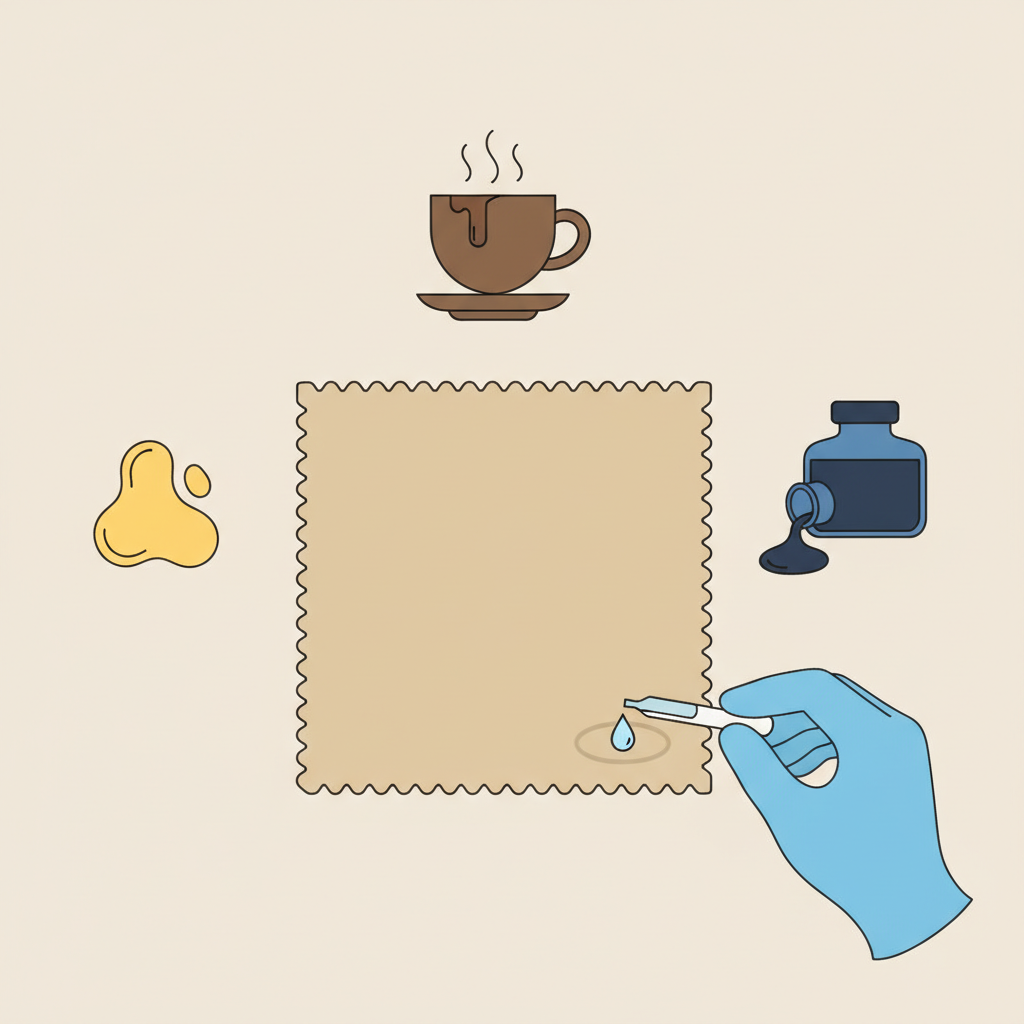A top-down, clean flat illustration in an infographic style, depicting a square section of a beige carpet. Around the perimeter of this central carpet section, several distinct, simplified icons represent different common stain types: a dripping coffee cup for organic stains, a blob of oil for fatty stains, and a spilled ink bottle for chemical stains. In a small, unobtrusive corner of the carpet, a gloved hand is carefully applying a single droplet of a clear cleaning liquid onto the fibers, illustrating the crucial 'test an inconspicuous spot' preparation step. The overall impression is one of systematic and prepared cleaning.